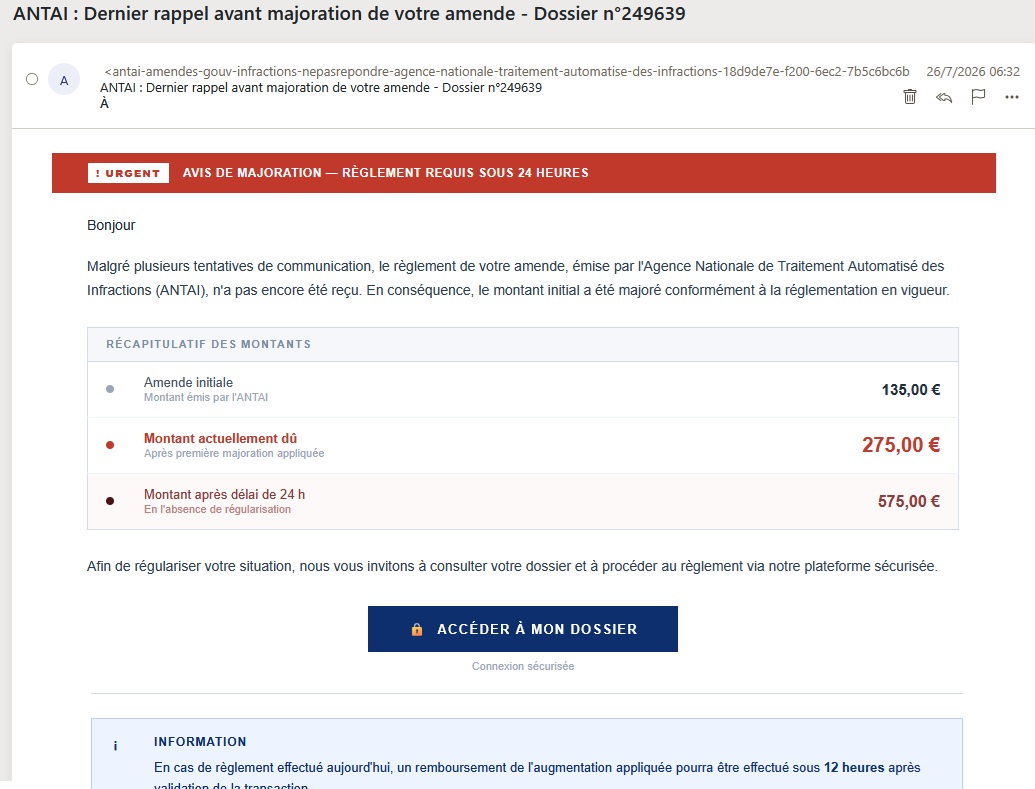ANTAI rappel majoration amende